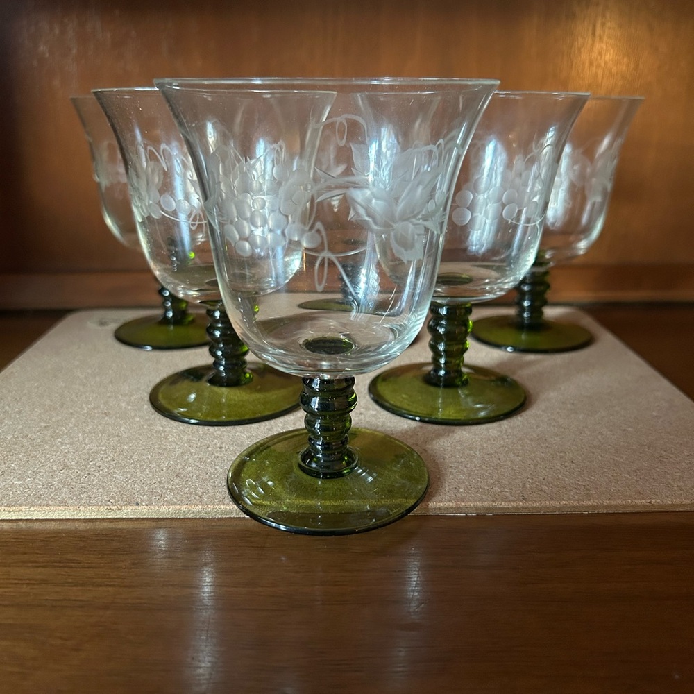 Six Vintage Austrian martini glasses - green base, ball stem, grape etching